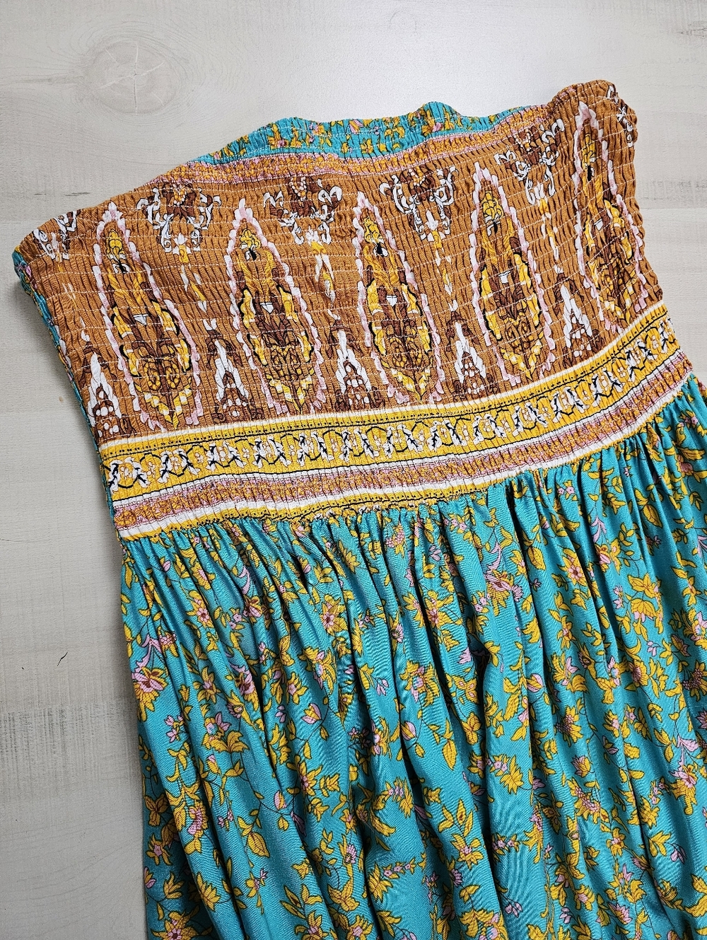 NEW Boho Floral Print Smocked Tube Top Dress Teal Blue Green Yellow Tan - Picture 7 of 11